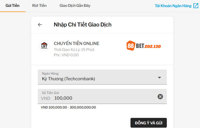 Điền ngân hàng và số tiền bạn định chuyển tiền online