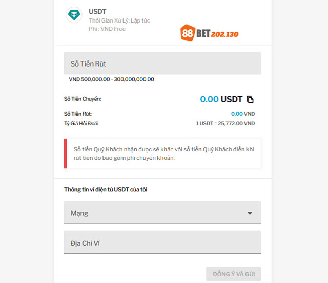 Rút tiền từ 88bet về ví USDT